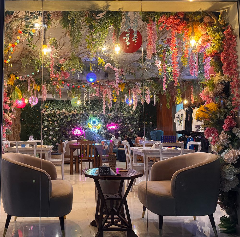 Cafe Interior with Floral Decorations